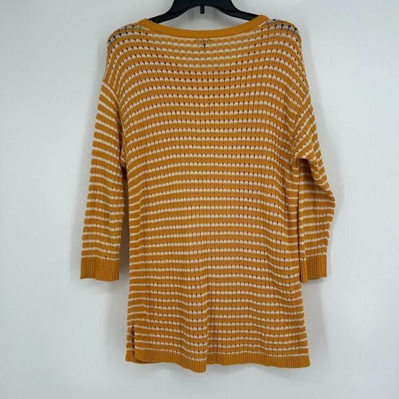 Talbots Mustard Yellow Stripe Open Knit Tunic Sweater 3/4 Sleeves Crew Neck Sz M - Picture 6 of 10